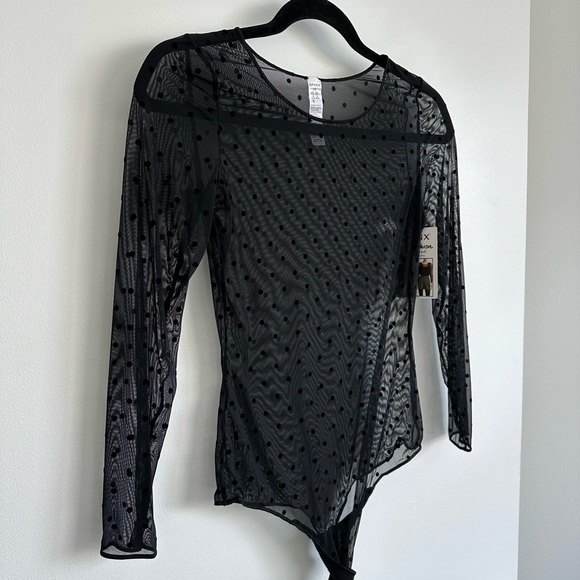 Spanx Long Sleeve Top Mesh Polka Dot Sheer Bodysuit | Size Large in Black (NWT) - Picture 8 of 10